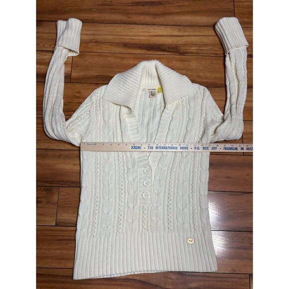 Y2K DKNY Women's Ivory Cable Knit  Sweater Button Details  Ribbed Hem Size L - Picture 5 of 13